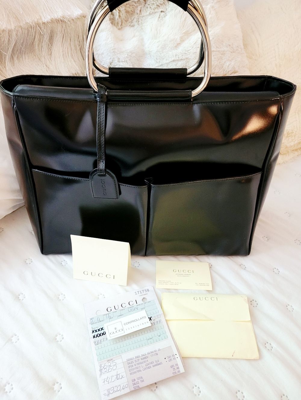 Vintage GUCCI Black Patent Leather Metal Ring Handle Business Tote Bag Tom Ford